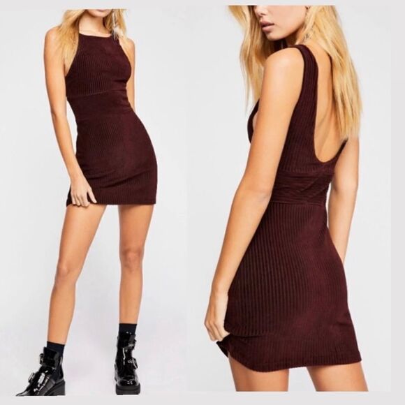 Free People Vivian corduroy burgundy/plum sleeveless mini dress size M - Picture 1 of 8